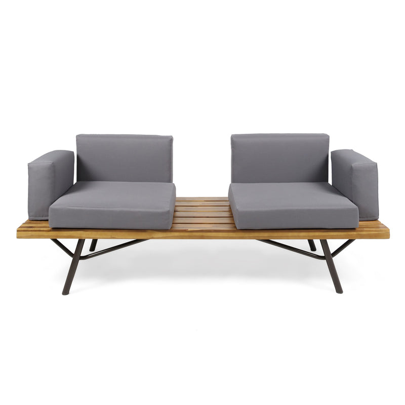 Front view patio loveseat set with gray seat cushions and slatted natural wood coffee table.