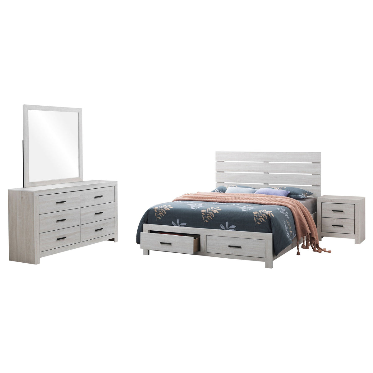 White bedroom set: platform bed with slats, dresser, nightstand, chest, and mirror