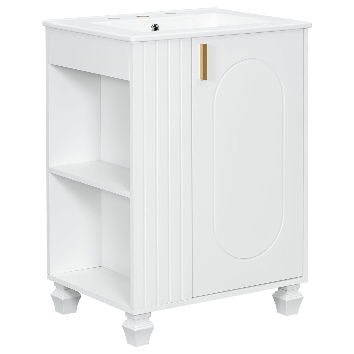 White bathroom vanity with sink top, open side shelves, and a closed cabinet door