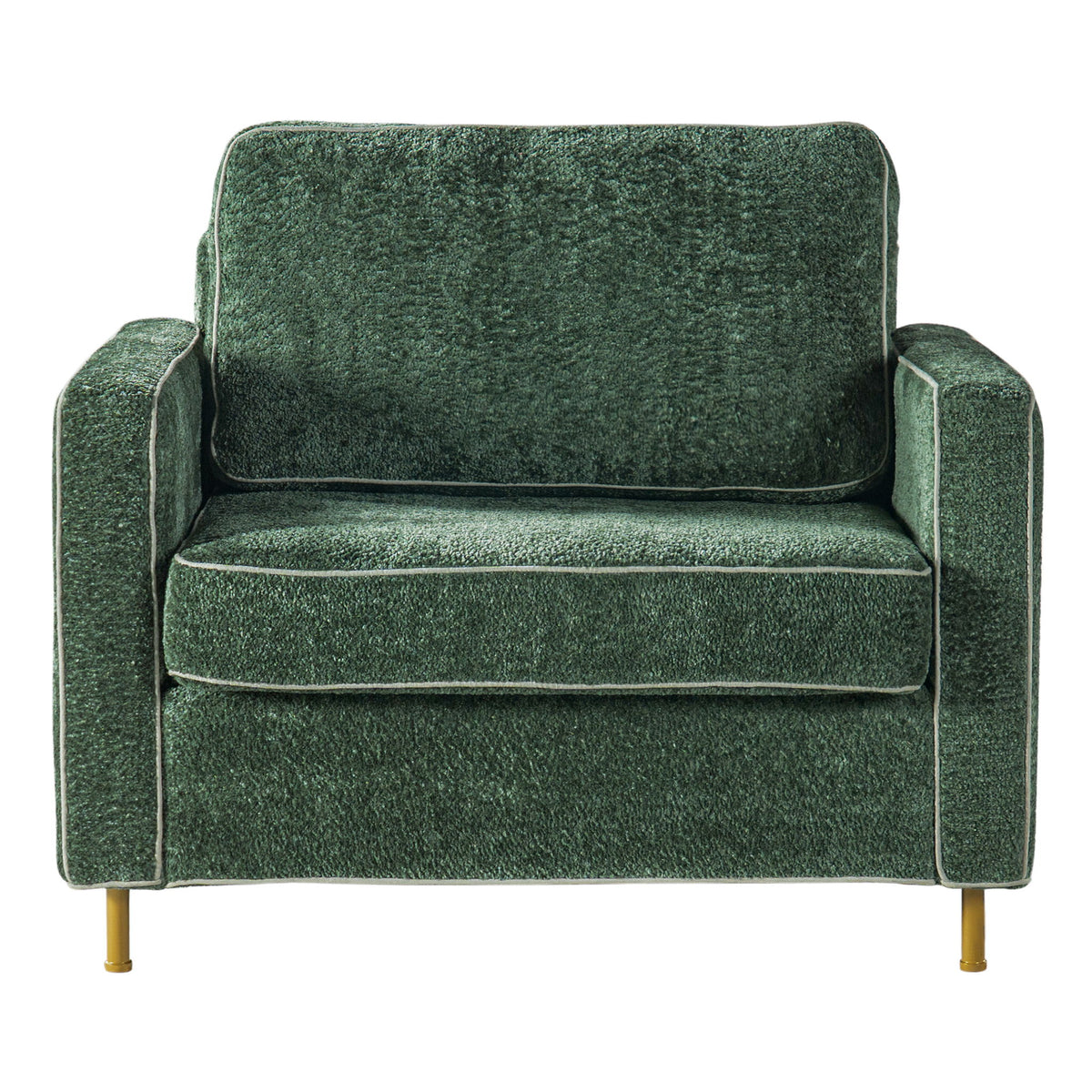 Upholstered single accent chair with square arms and sewn pillow-back, dark green fabric