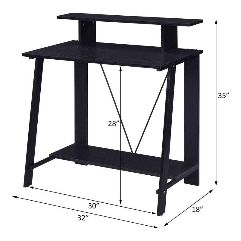 Dark modern writing desk with two shelves and open X-brace, shown with dimensions