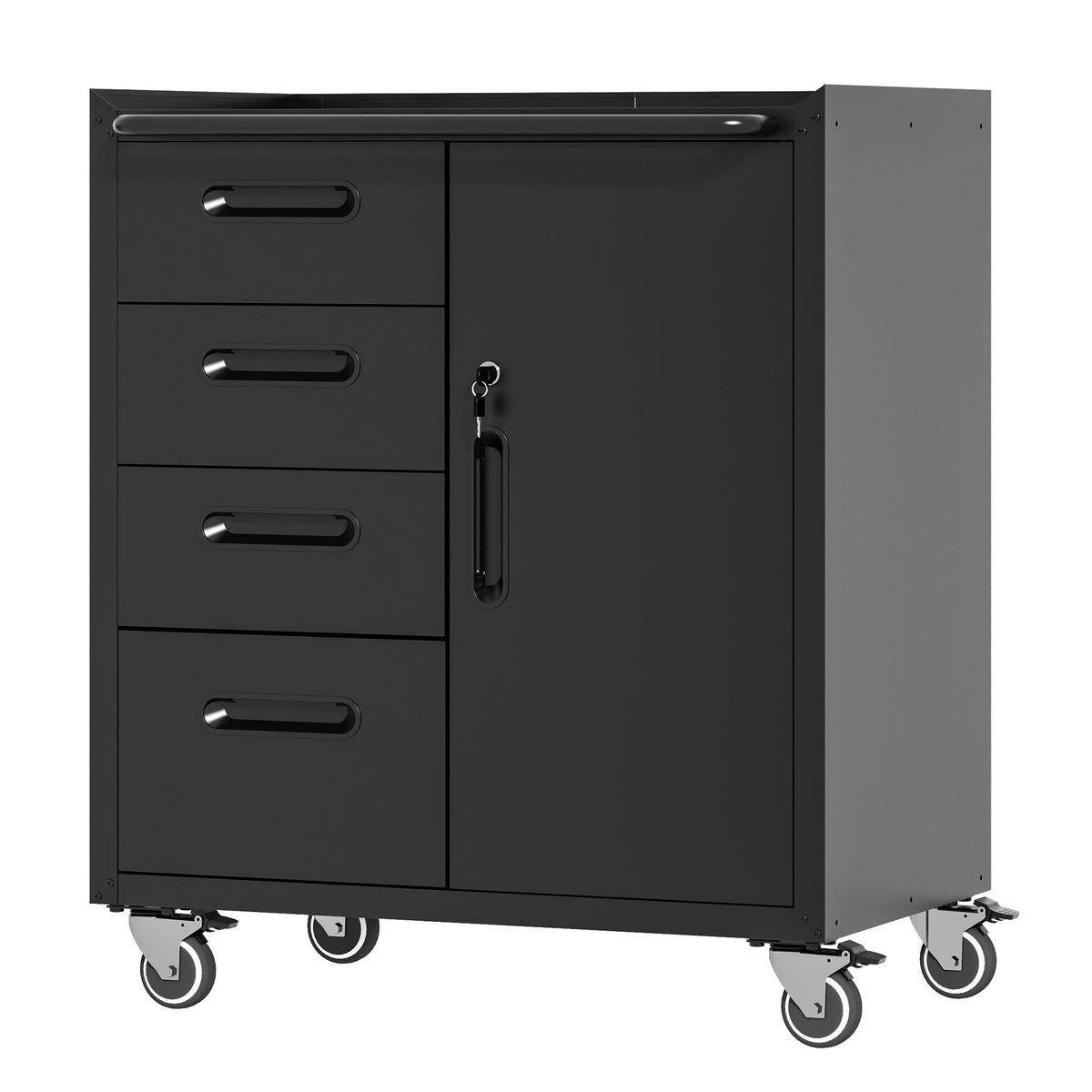 Black metal tool storage cabinet with three stacked drawers, side cabinet door, and wheels