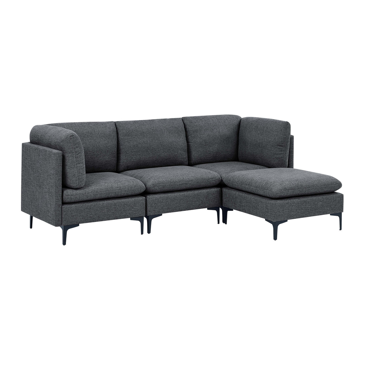 Dark gray upholstered L-shaped modular sectional sofa with tall legs and wide cushions