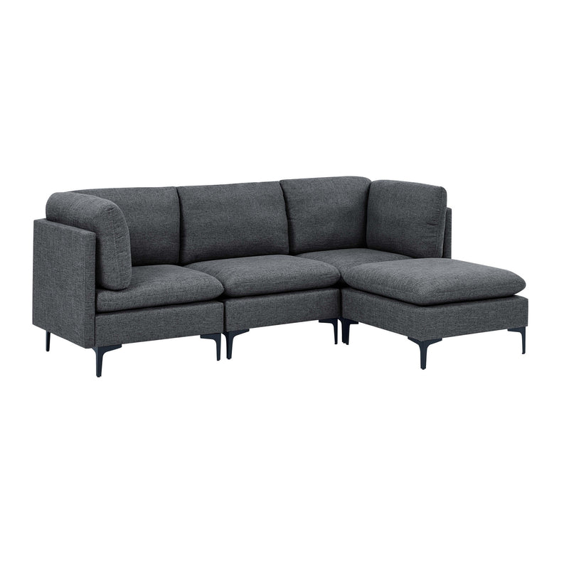 Dark gray upholstered L-shaped modular sectional sofa with tall legs and wide cushions