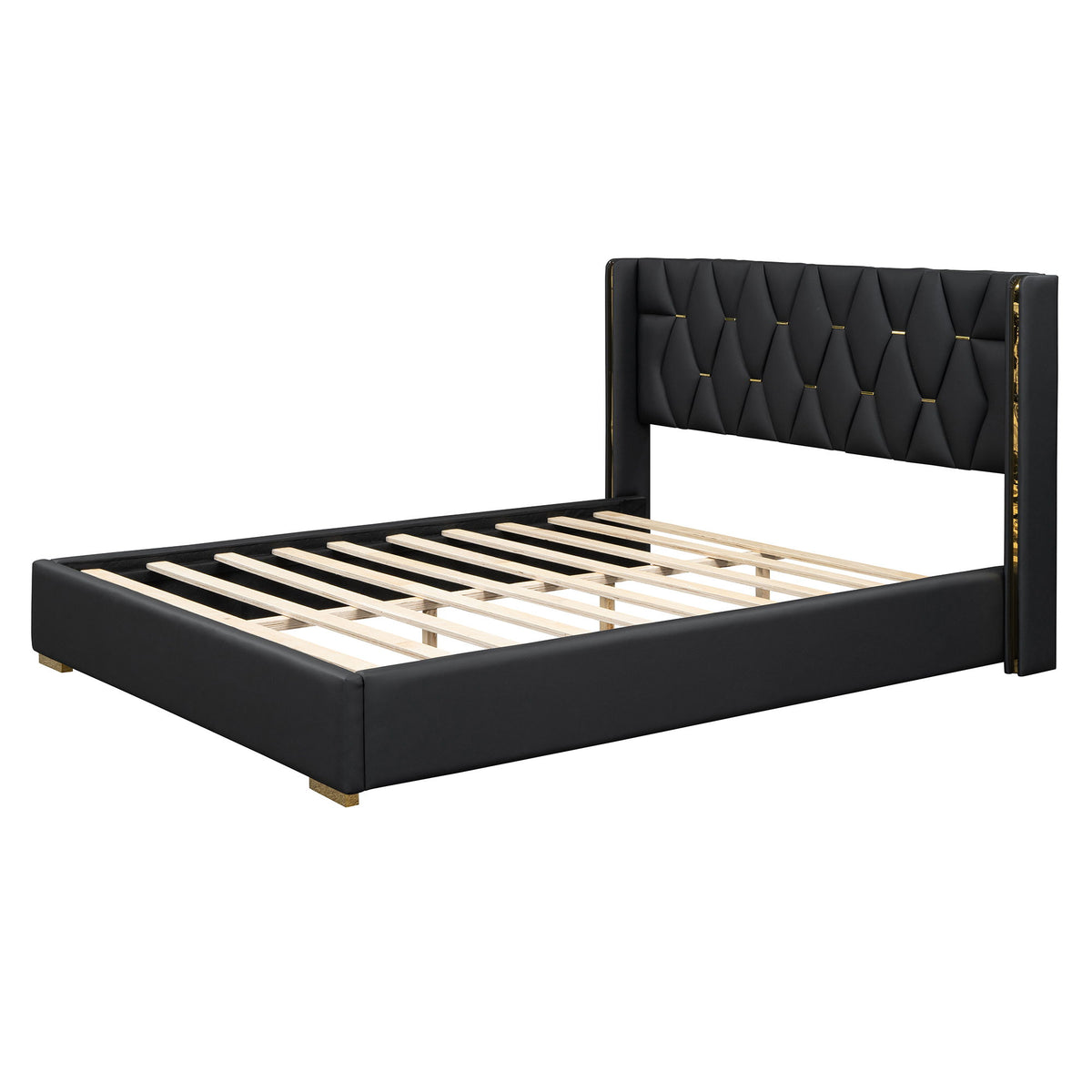 Upholstered Platform Bed With Strips - Black