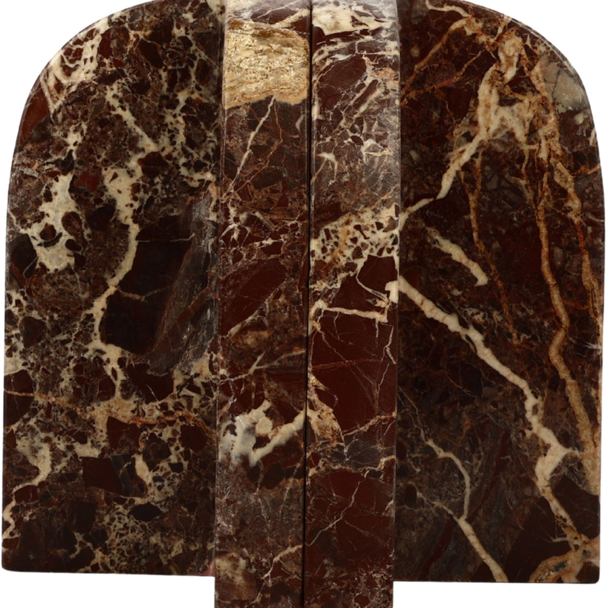 Genuine marble bookends in dark brown with red highlights and veined pattern.