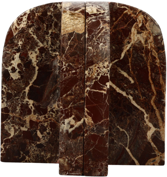 Genuine marble bookends in dark brown with red highlights and veined pattern.