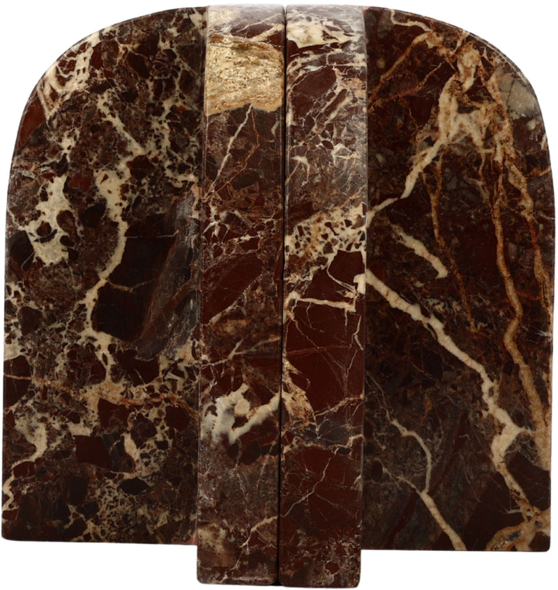 Genuine marble bookends in dark brown with red highlights and veined pattern.