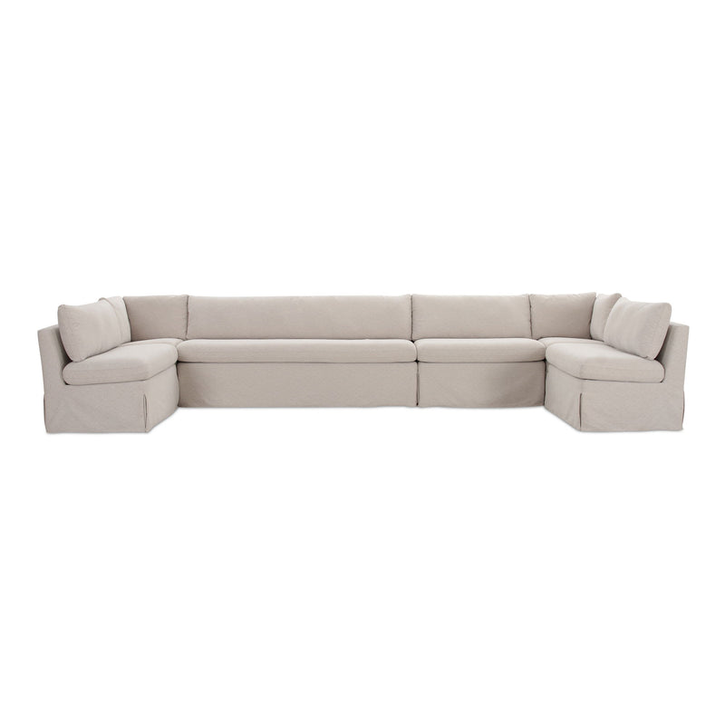 Beige slipcovered U-shape dining banquette sectional with rolled arms and tufted cushions