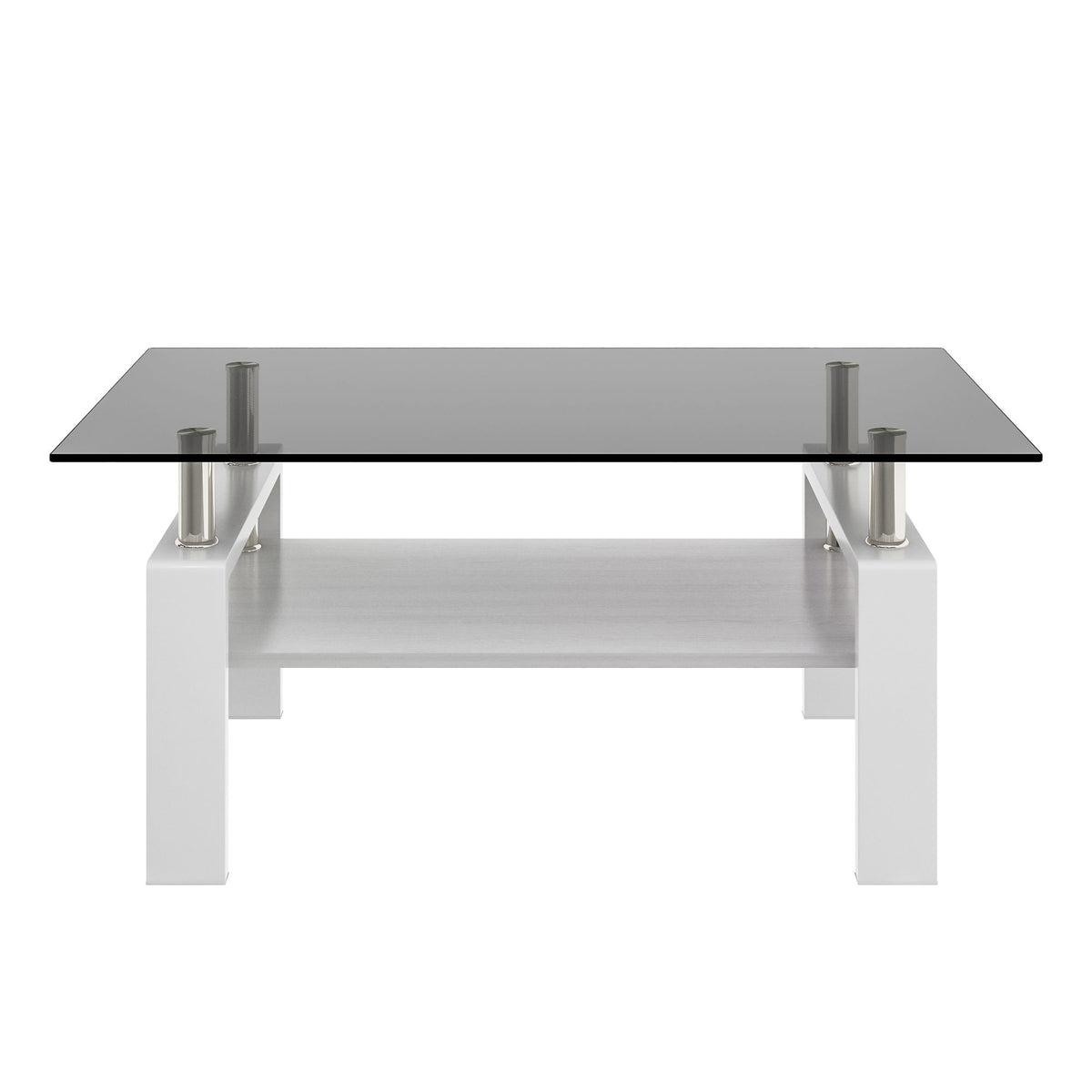 White rectangular coffee table with smoky gray tempered glass top and storage shelf