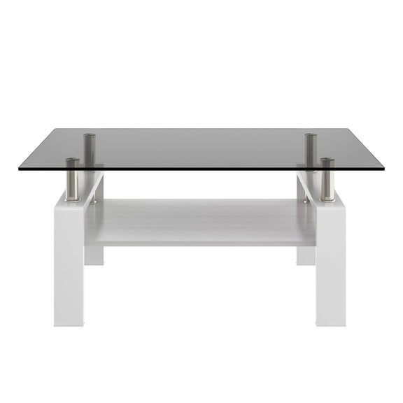 White rectangular coffee table with smoky gray tempered glass top and storage shelf