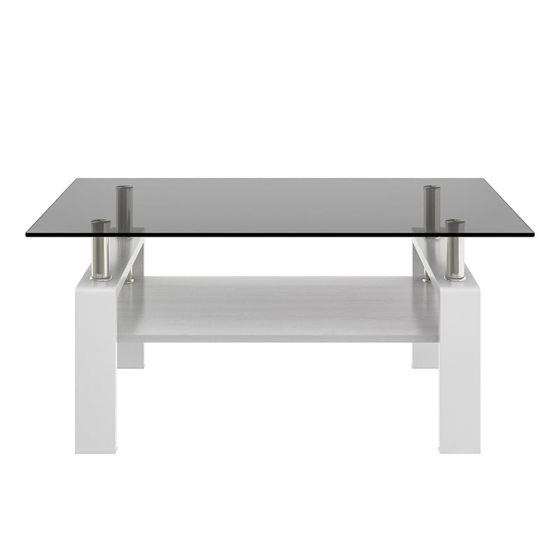 White rectangular coffee table with smoky gray tempered glass top and storage shelf