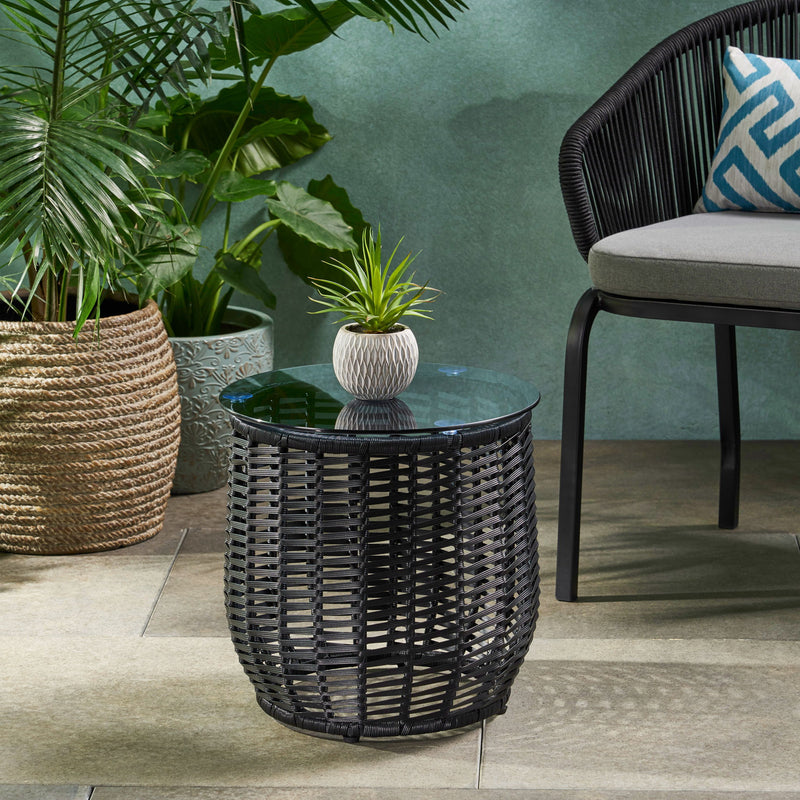 Boho Arias - Side Table With Tempered Glass Top And Rattan Wrap