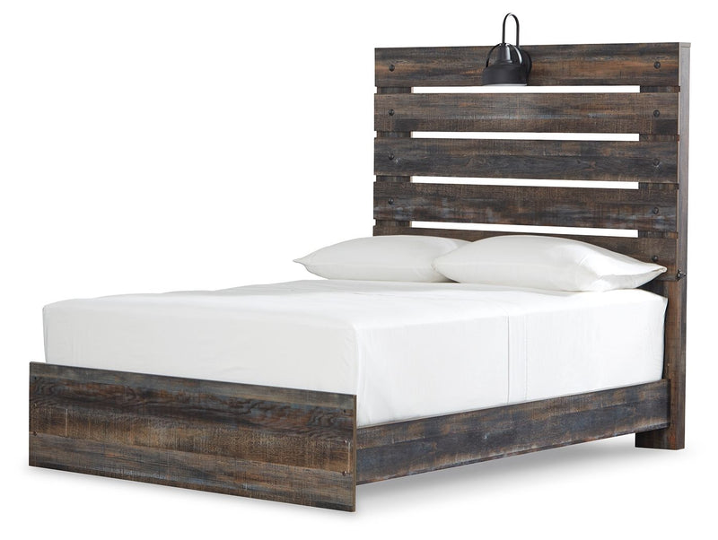 Dark wood panel bed with slatted headboard and white bedding, front drawer storage