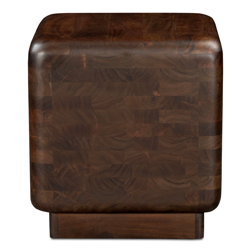 Eton dark brown wooden side table with rounded square top and pedestal base, front view