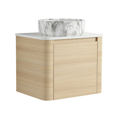 Mounted bathroom vanity with white marble-look art sink and 2 soft-close doors, light wood