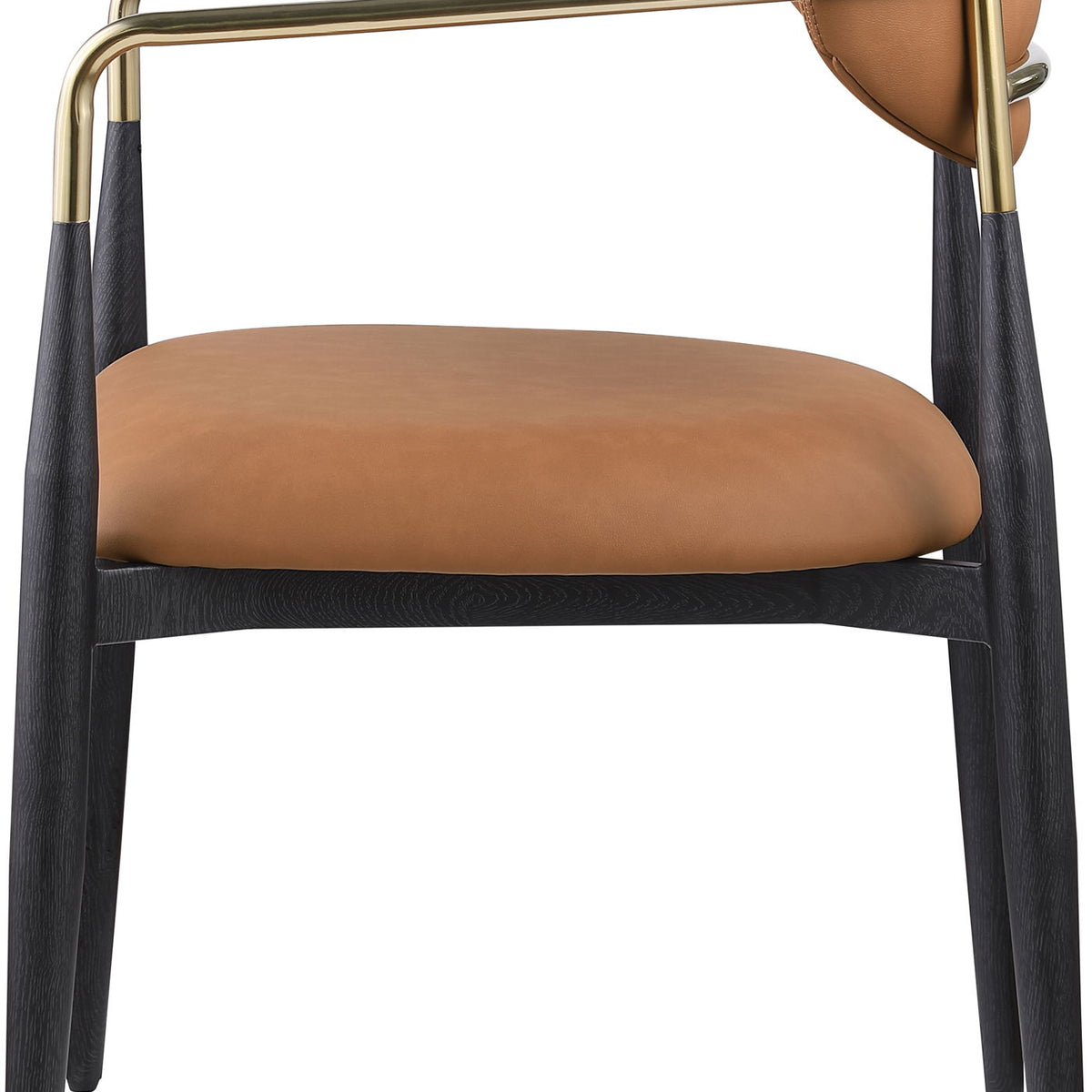 Tan vegan leather dining arm chair with rounded back, black legs, gold arm frame
