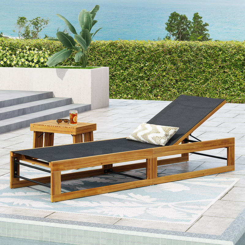 Outdoor Chaise Lounge With Acacia Wood Frame And Mesh Seat - Teak