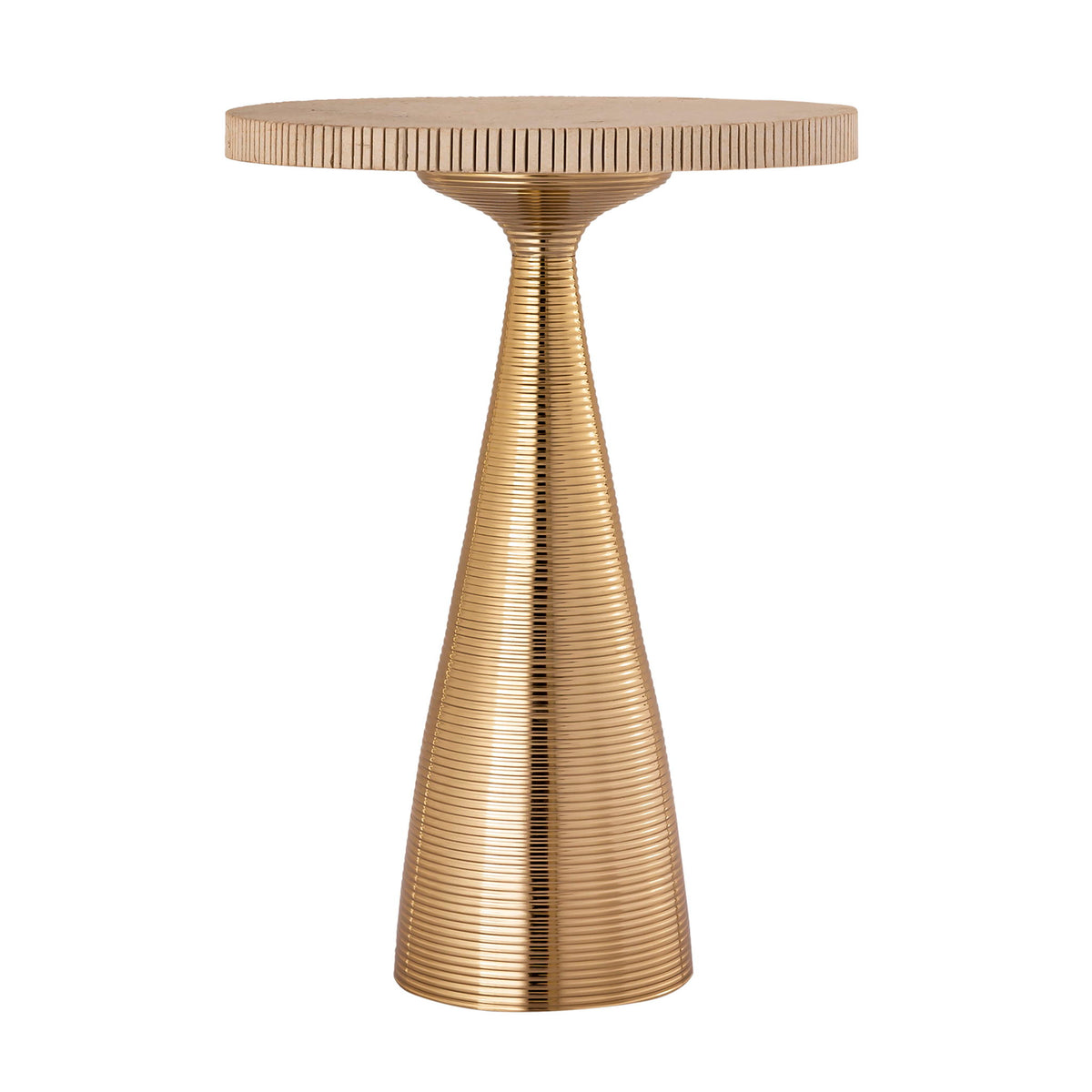 Beige round side table with ribbed gold pedestal base
