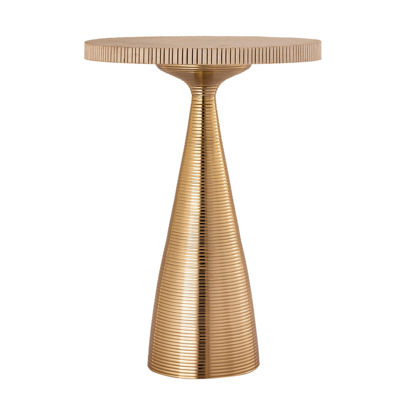 Beige round side table with ribbed gold pedestal base