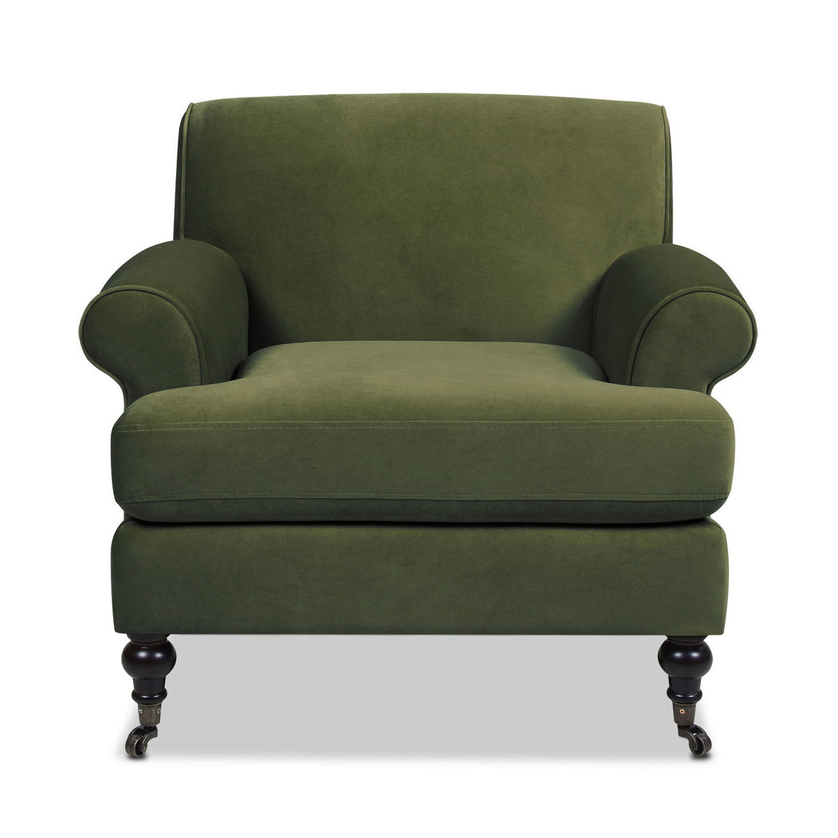 Dark green accent armchair with rounded arms, padded back, and casters