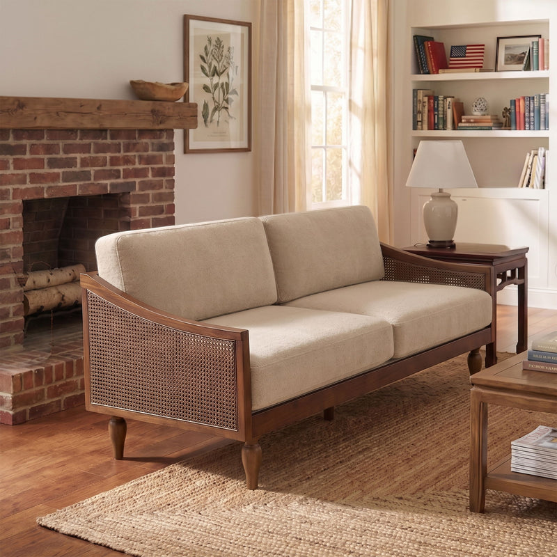 Beige 3-seater sofa with rattan side panels, low back and cushioned seat
