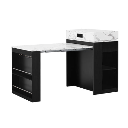 Extendable dining table with white marble folding top and black storage cabinets