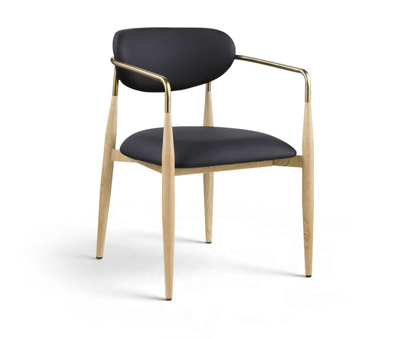 Dining arm chair with dark seat and back, light wood legs, gold-tone arm frame