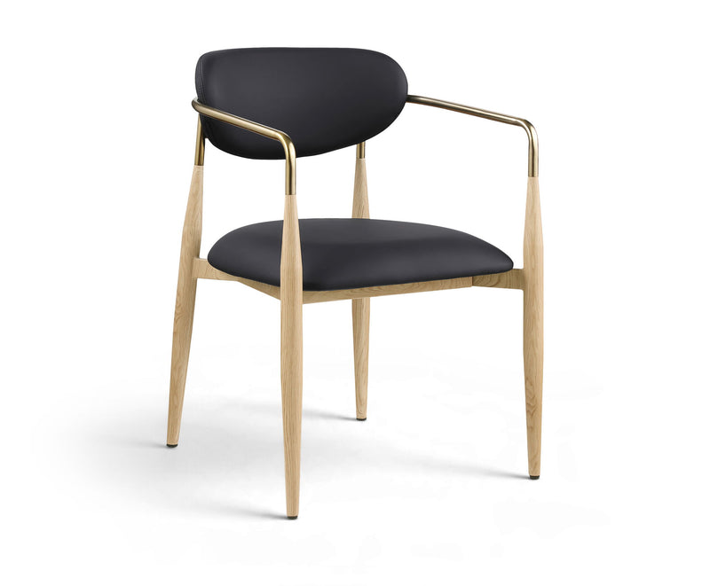 Dining arm chair with dark seat and back, light wood legs, gold-tone arm frame