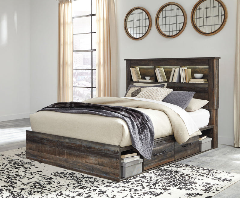 Panel bookcase bed in dark wood with two drawers and bookcase headboard, black and gray throws