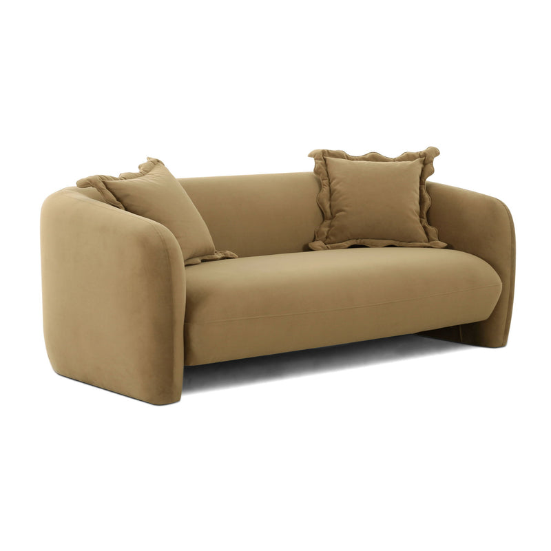 Light brown fabric loveseat with three seat cushions and two square throw pillows