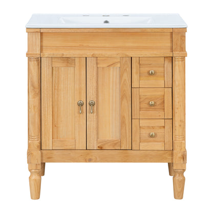 Light brown bathroom vanity with ceramic sink, two cabinet doors and three drawers.