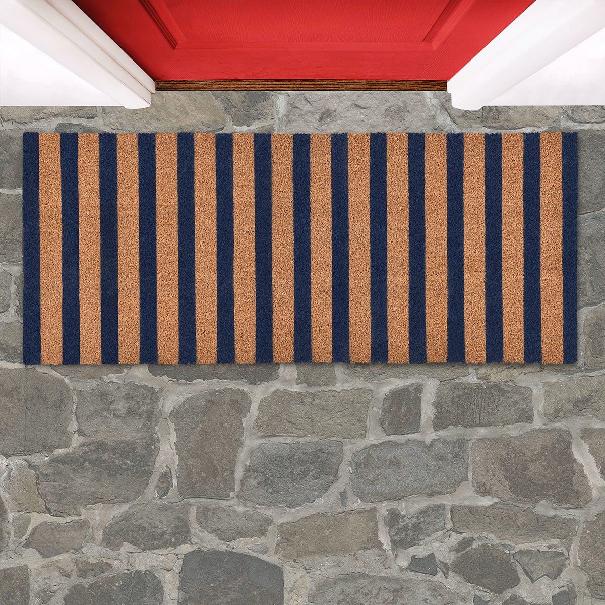 Striped doormat with navy and tan vertical stripes, rectangular.