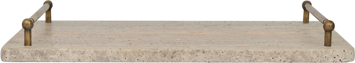 Gray travertine tray from the side with four metal corner posts and rounded corners.