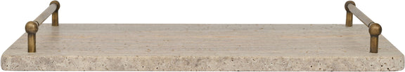 Gray travertine tray from the side with four metal corner posts and rounded corners.