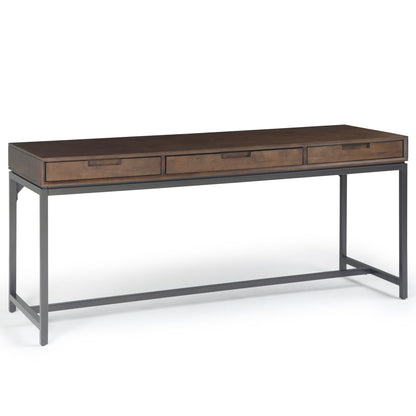 Mid-century wide desk with two side drawers and three long storage drawers.