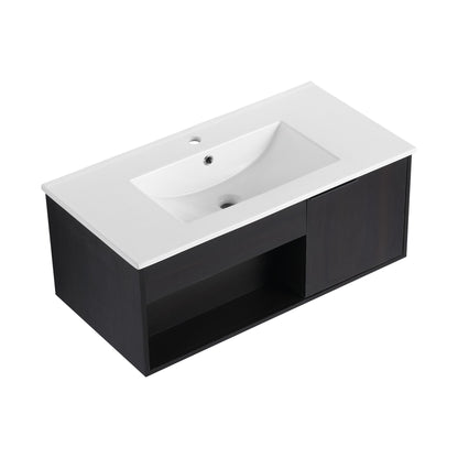 Wall-mounted bathroom vanity with white sink basin, dark cabinet and open shelf