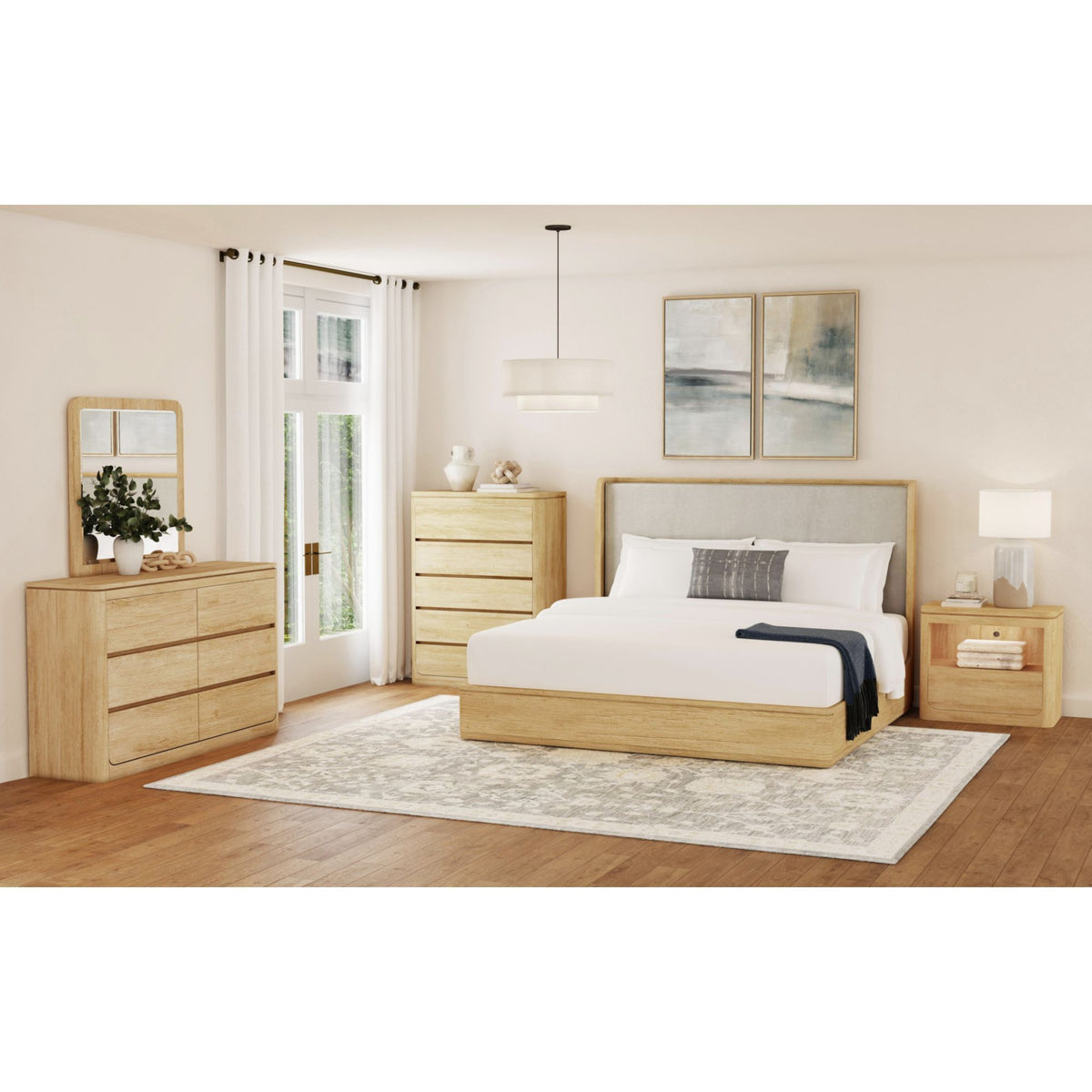 Light brown Rosalie accent chest with four drawers and a rounded lower panel.