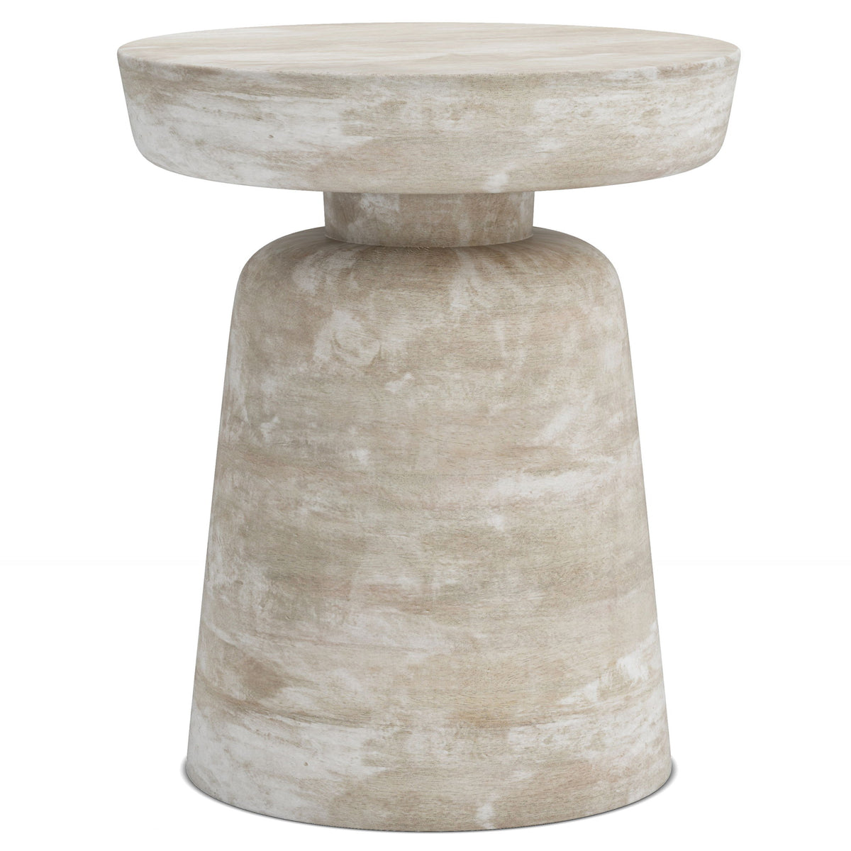 Handcrafted accent table with white round top and tapered pedestal base.