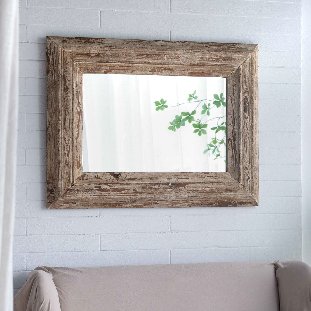 Rectangle Wall Accent Mirror With Distressed Wood Frame - Brown