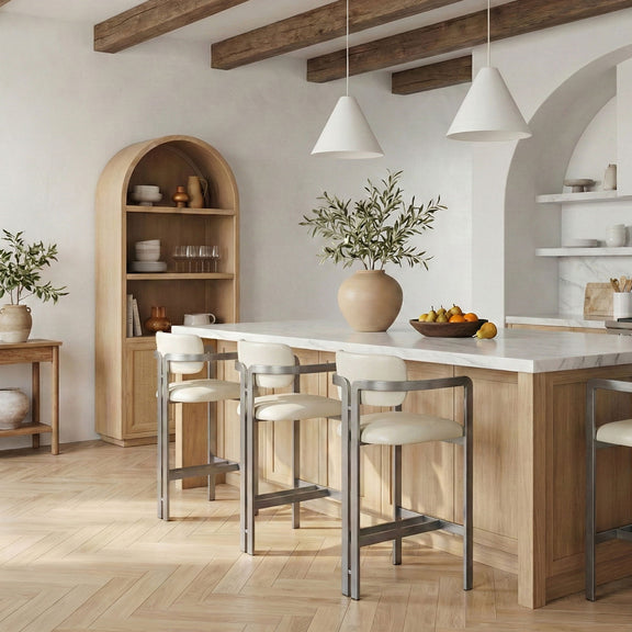 View of counter stool set with dark upholstered seats and gray metal frames