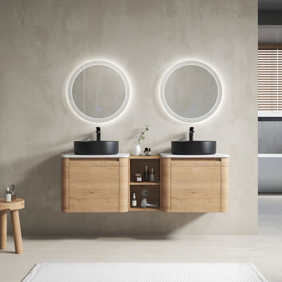 Wall-mounted bathroom vanity with two black art sinks, soft-close door, open shelf, mirrors
