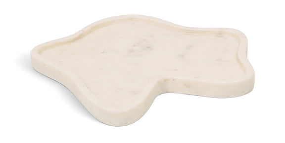 White marble tray with subtle veining and rounded leaf-like edges.