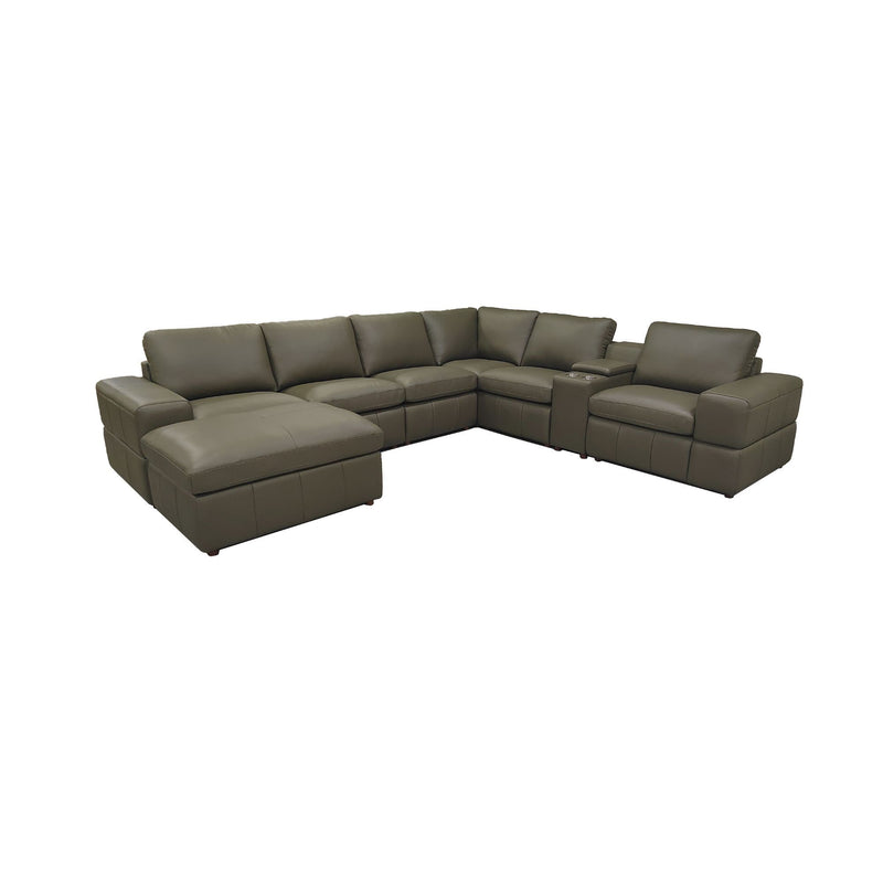Dark green modular sectional sofa with large square arms and corner chaise ottoman