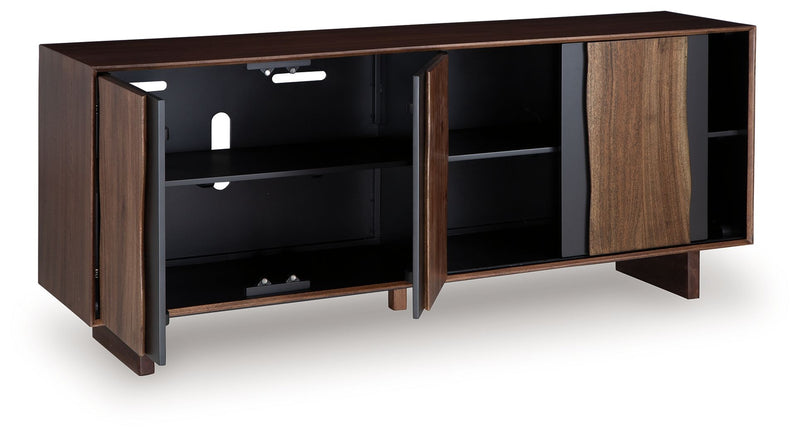 Brown and charcoal accent cabinet with open doors showing adjustable-style shelves