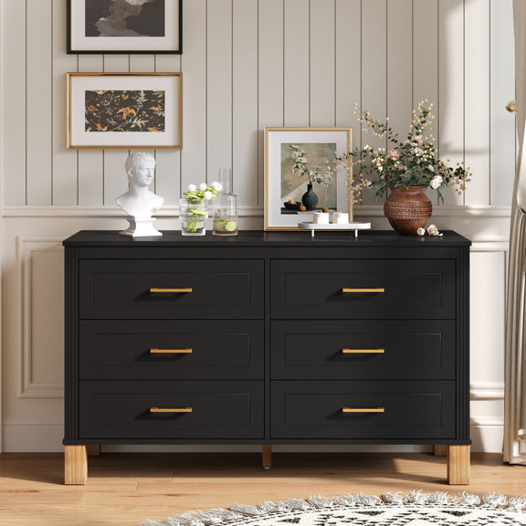 Black double dresser cabinet with six drawers and gold-tone bar pulls.