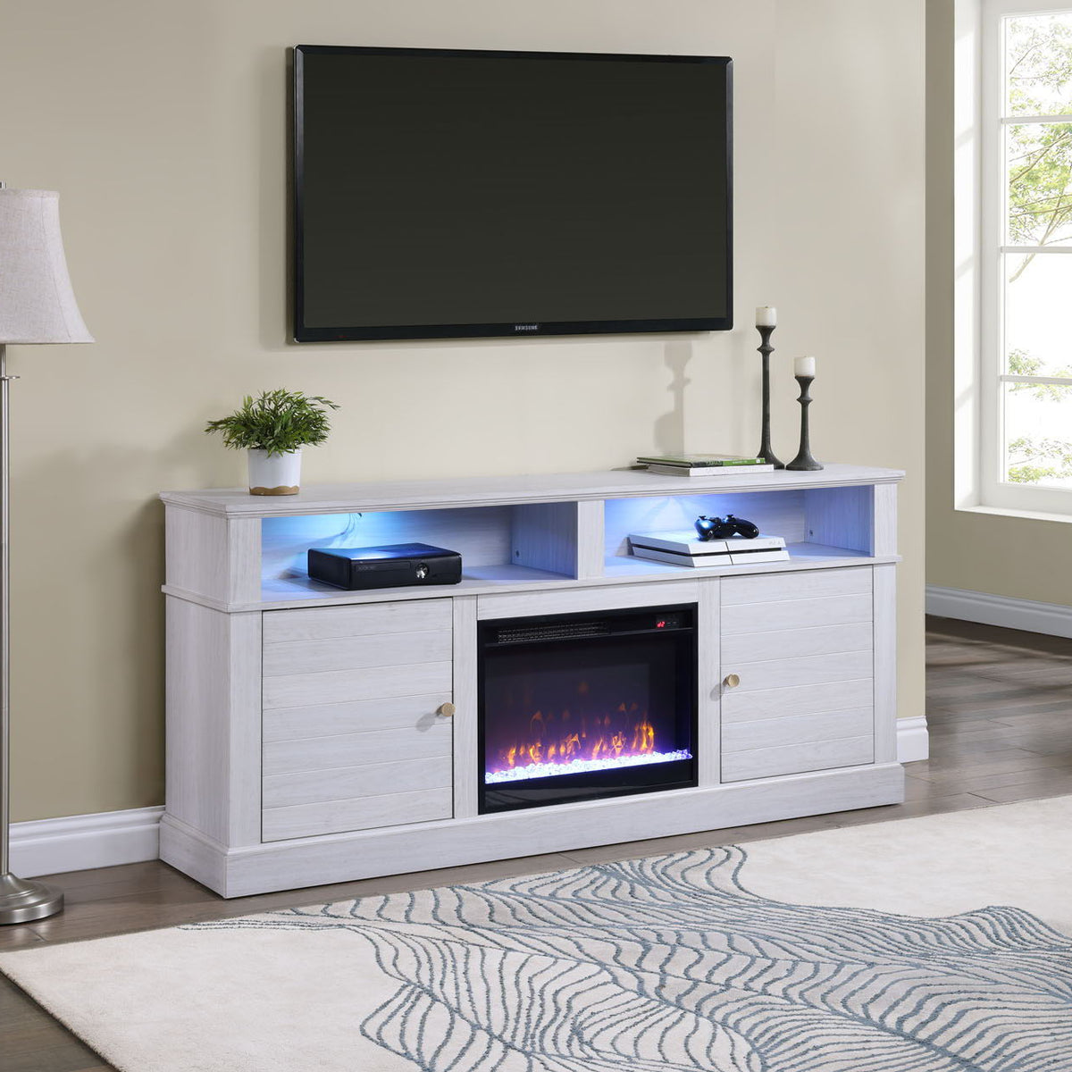 Lucifer - TV Stand Console With Fireplace - White Walnut