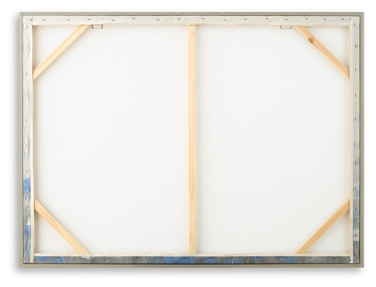 Back of framed wall art with wooden stretcher bars and pale gray border