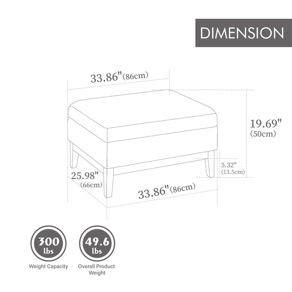 Upholstered storage ottoman dimension diagram with overall measurements