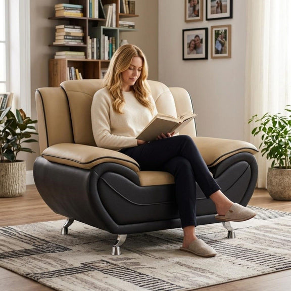 Camel and black upholstered sofa chair with armrest cushions and metal legs
